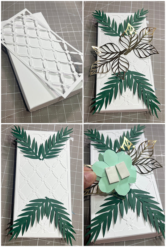 arranging foliage on lattice card box