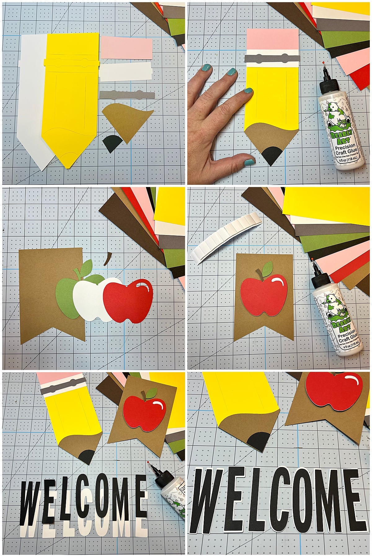 Gluing together die-cut paper pieces for teacher pencil banner