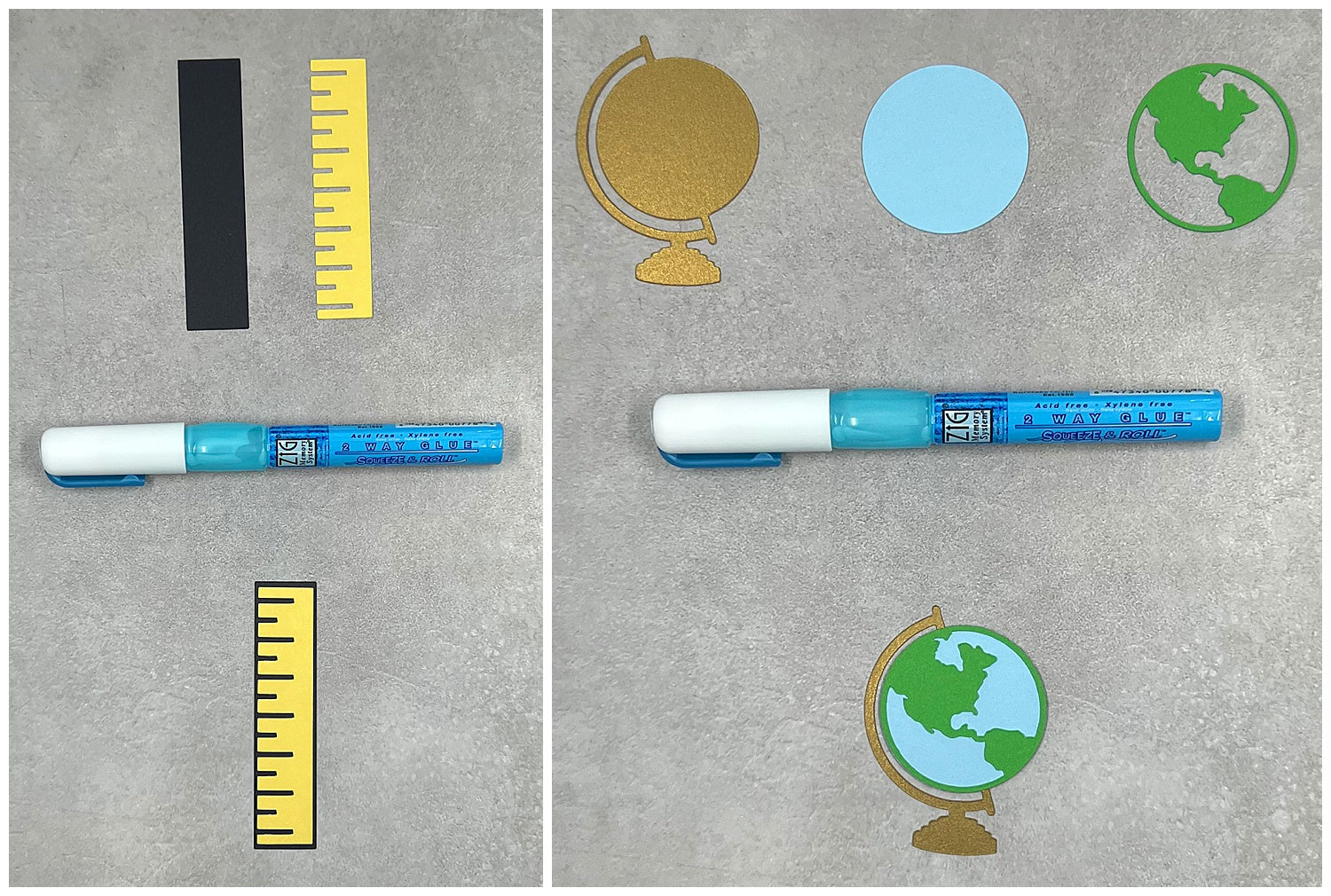 assembling paper ruler and globe for teacher gift tote