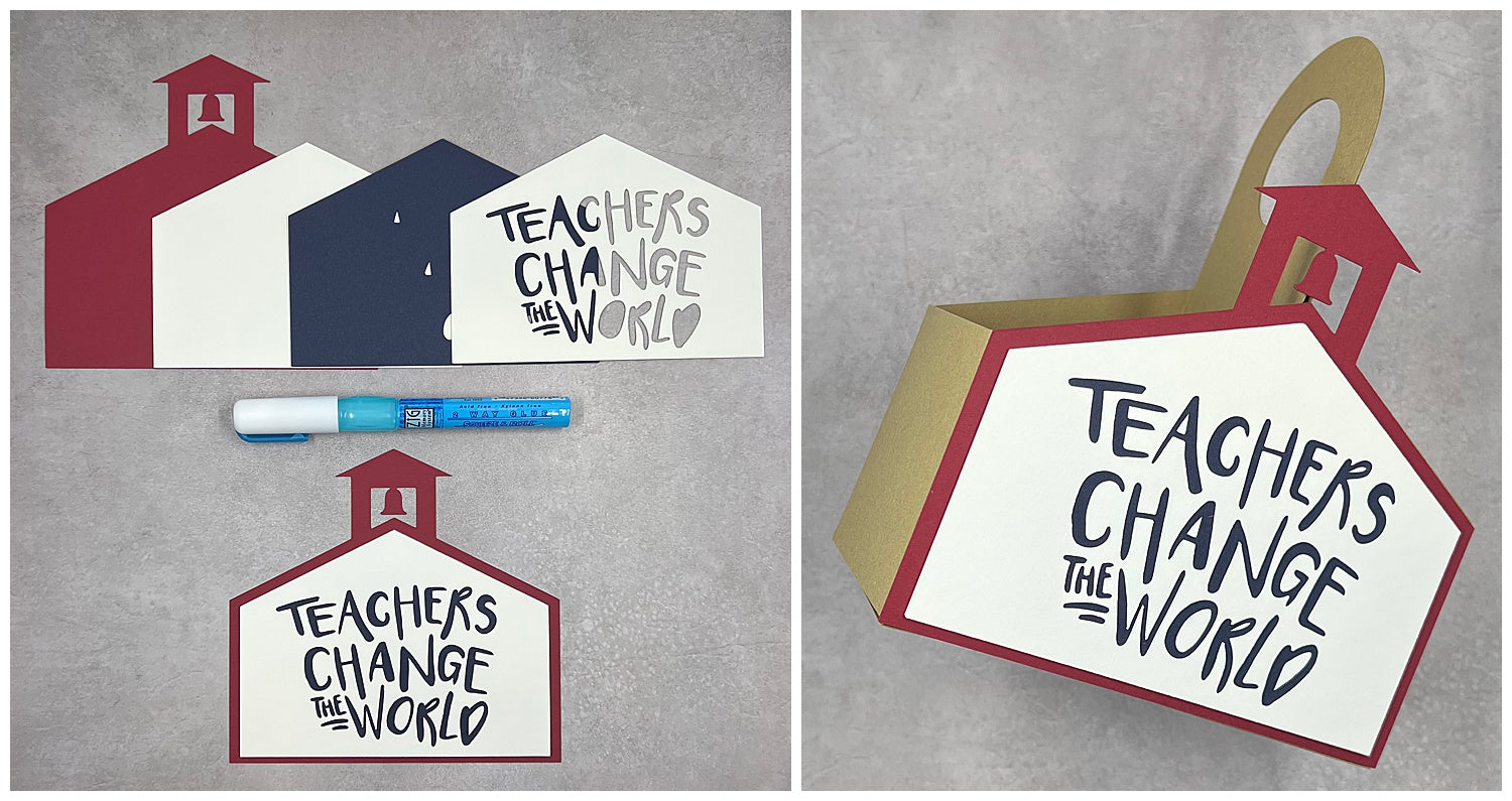 creating school house sentiment for front of teacher gift tote