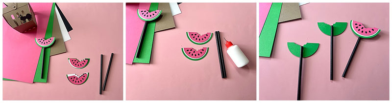 layering and gluing watermelon cupcake toppers for Watermelon Basket Cupcake Holders