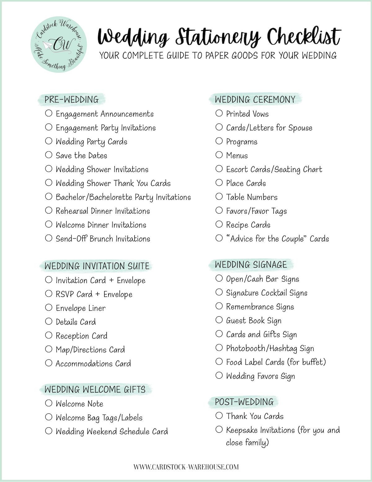Cardstock Warehouse Wedding Stationery Checklist