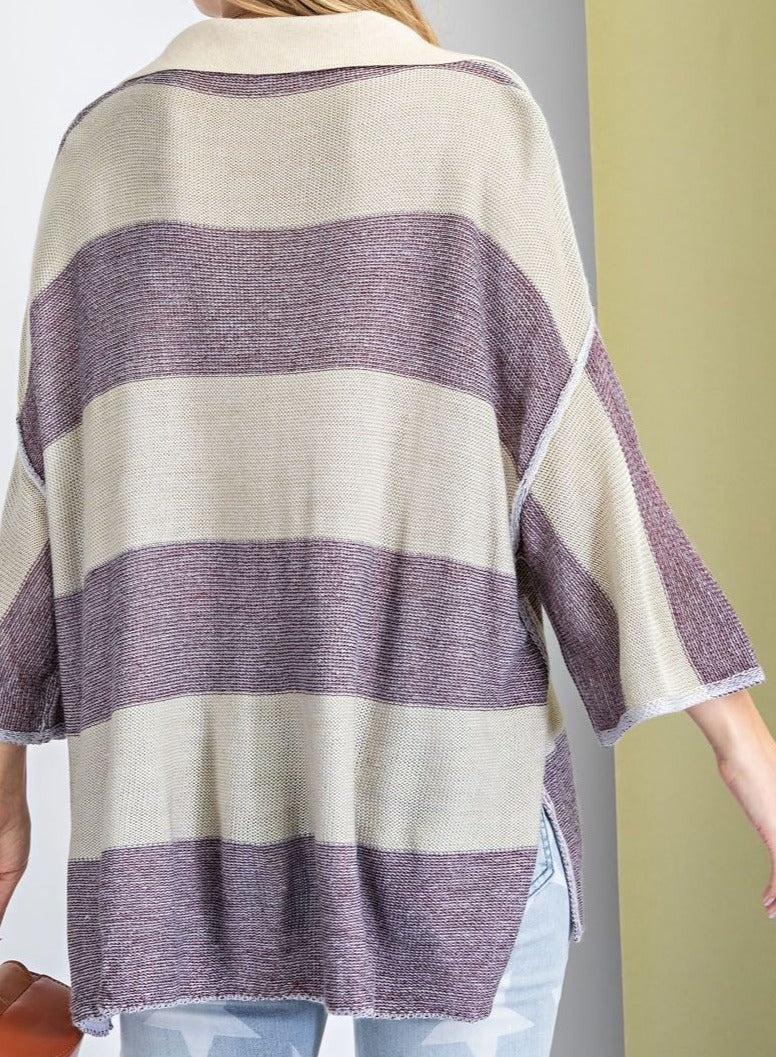 3/4 SLEEVE RUGBY OVERSIZED STRIPED SWEATER TOP