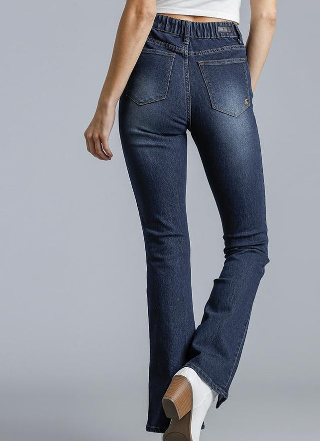 FRONT SLIT HIGH RISE FLARE STRETCH JEANS WITH ELASTIC BACK AND POCKETS