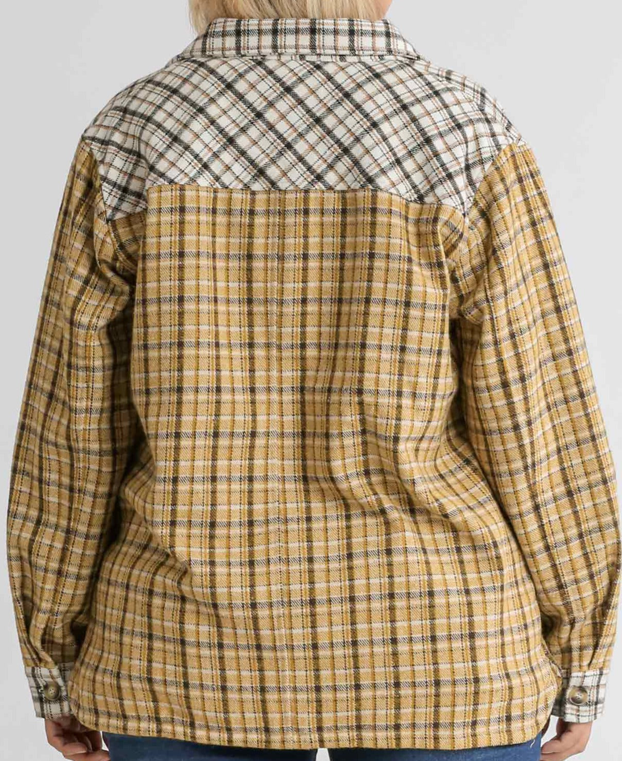 PLAID COLORBLOCK COLLARED BUTTON DOWN LONG SLEEVE OVERSHIRT WITH FRONT POCKETS