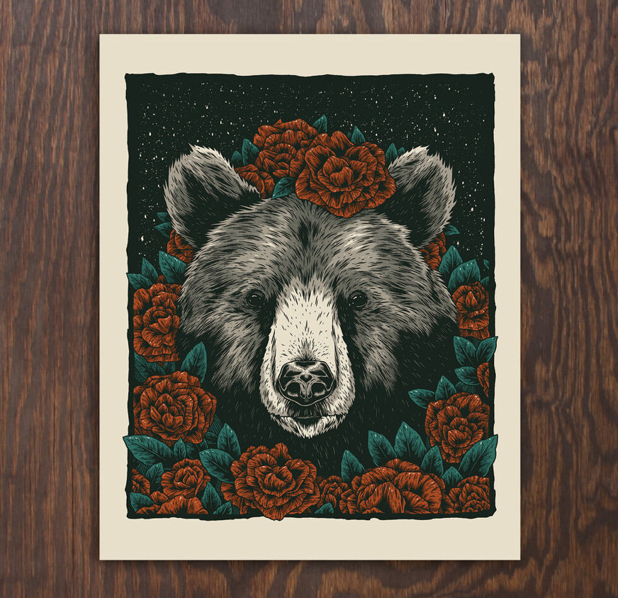 Bear and Roses Screen Print