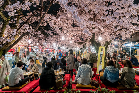 a crowd of Japanese during hanami season