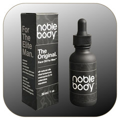 Noble Body Face Oil for Men box and bottle close up on grey background.
