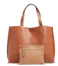 Brown/tan vegan leather reversible tote with makeup bag by street level