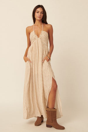 HALTER STYLE MAXI DRESS with back tie in a sandstone graphic tribal print