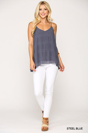 TEXTURED CAMI TANK TOP in Steel blue with adjustable spaghetti straps