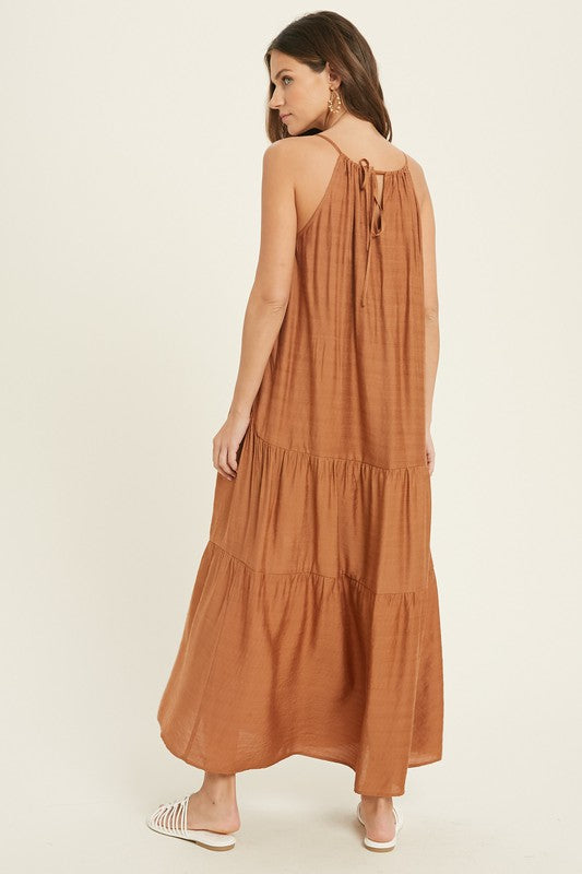 STRAPPY TIERED MAXI DRESS (RUST) with tie at back