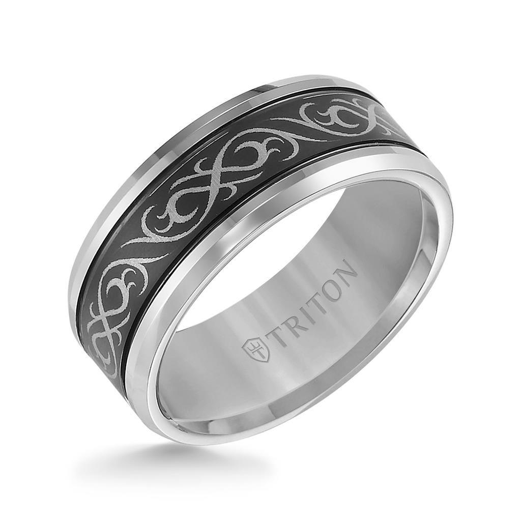 KIRBY Beveled Tungsten Carbide Ring with Dual Offset Grooves and Laser Engraved Celtic Pattern Black Tungsten Center by Triton Rings - 9 mm