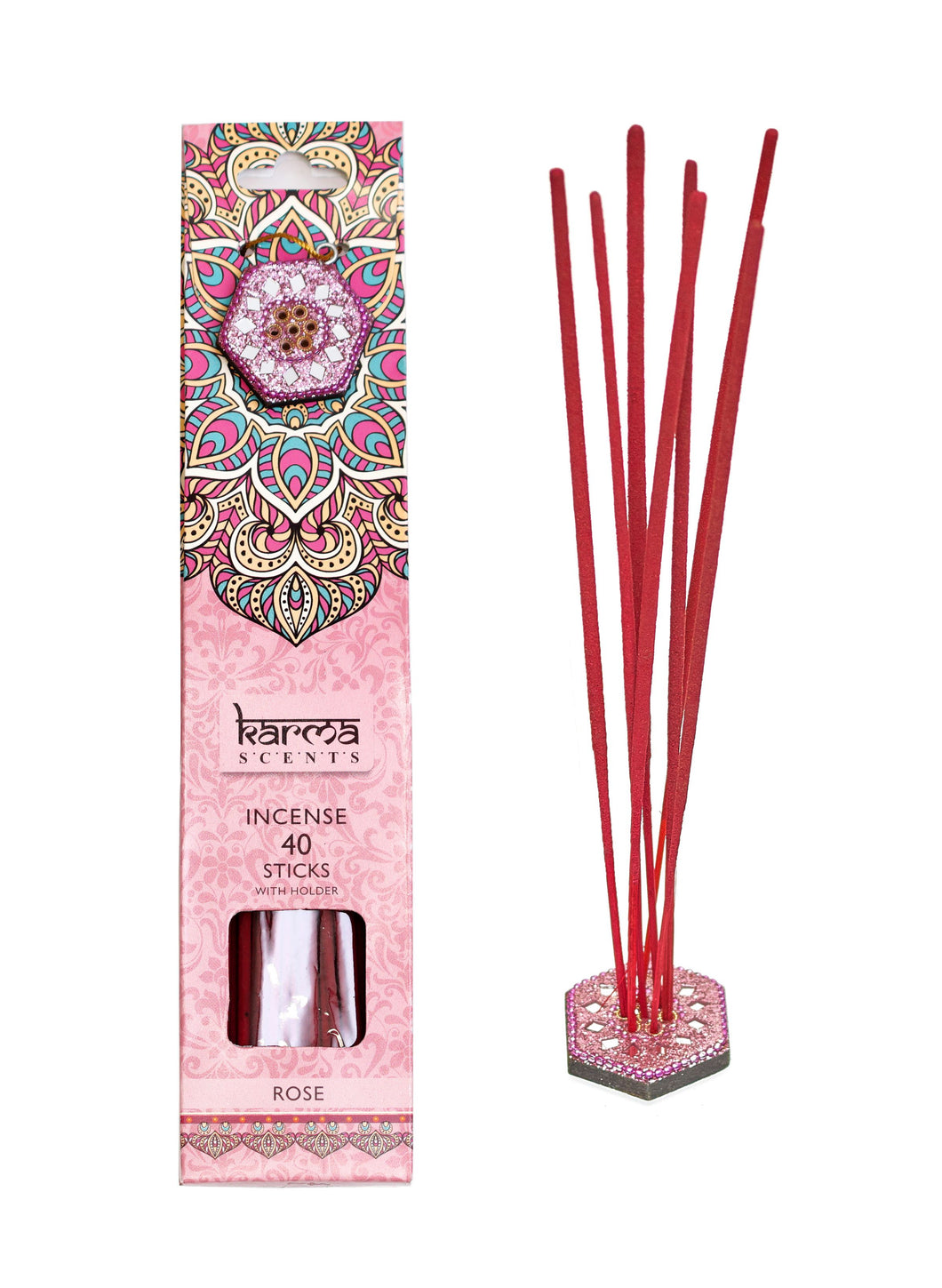 Karma Scents 40 Sticks with Jeweled Incense Holder Rose