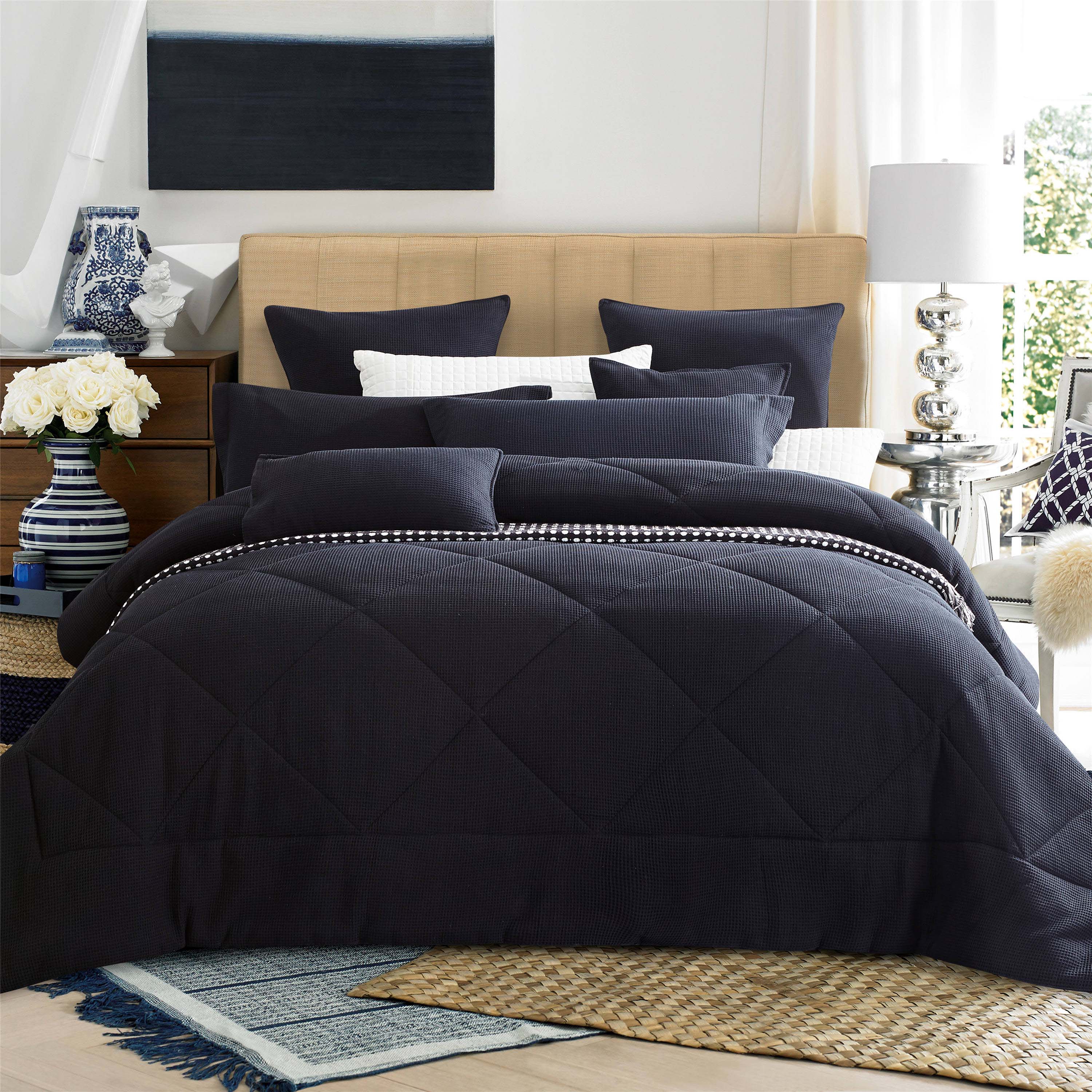 100 Cotton Luxury 7pc Black Waffle Comforter Set