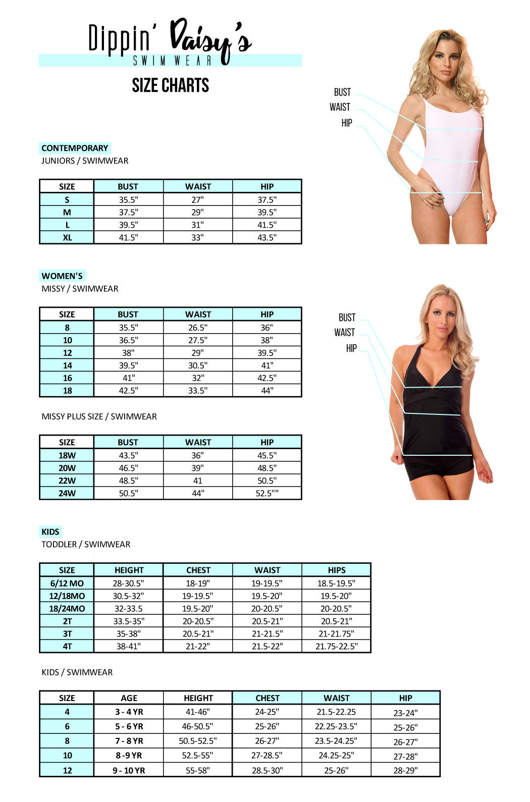 Dippin Daisy Swimwear Size Chart