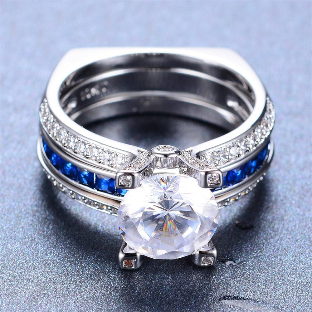 Luxury Female Blue Ring Set Bridal Sets High Quality Gold Jewelry