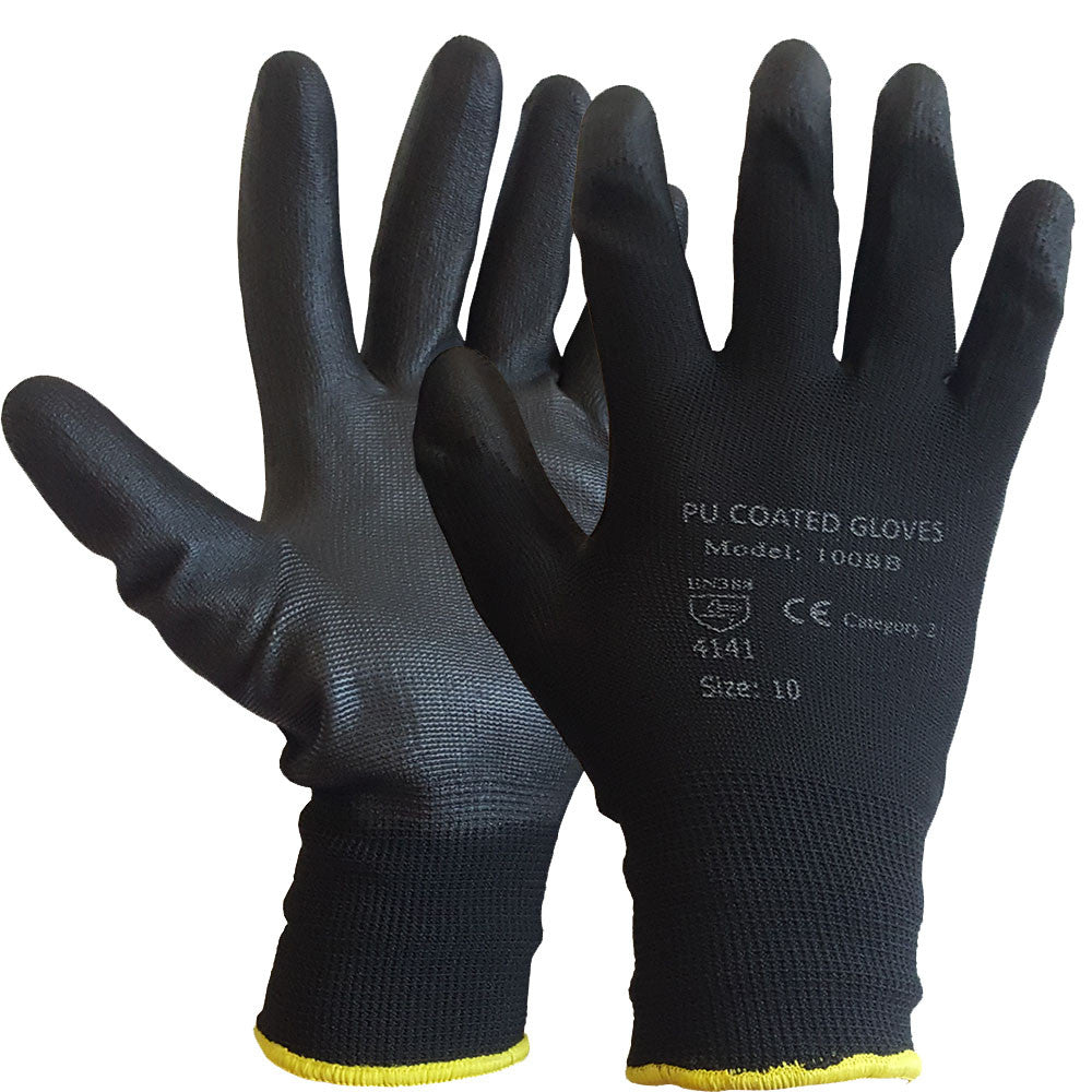 black nylon pu safety work gloves