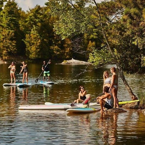 Stand up paddle boarders on inflatable and non inflatable paddle boards