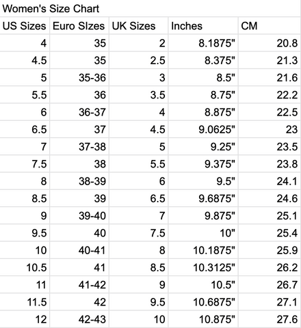 Size Charts – Moreno's Wear