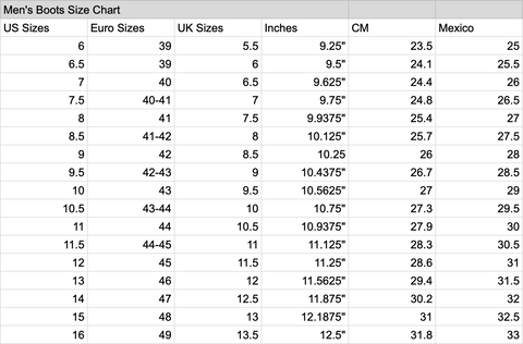 Size Charts – Moreno's Wear