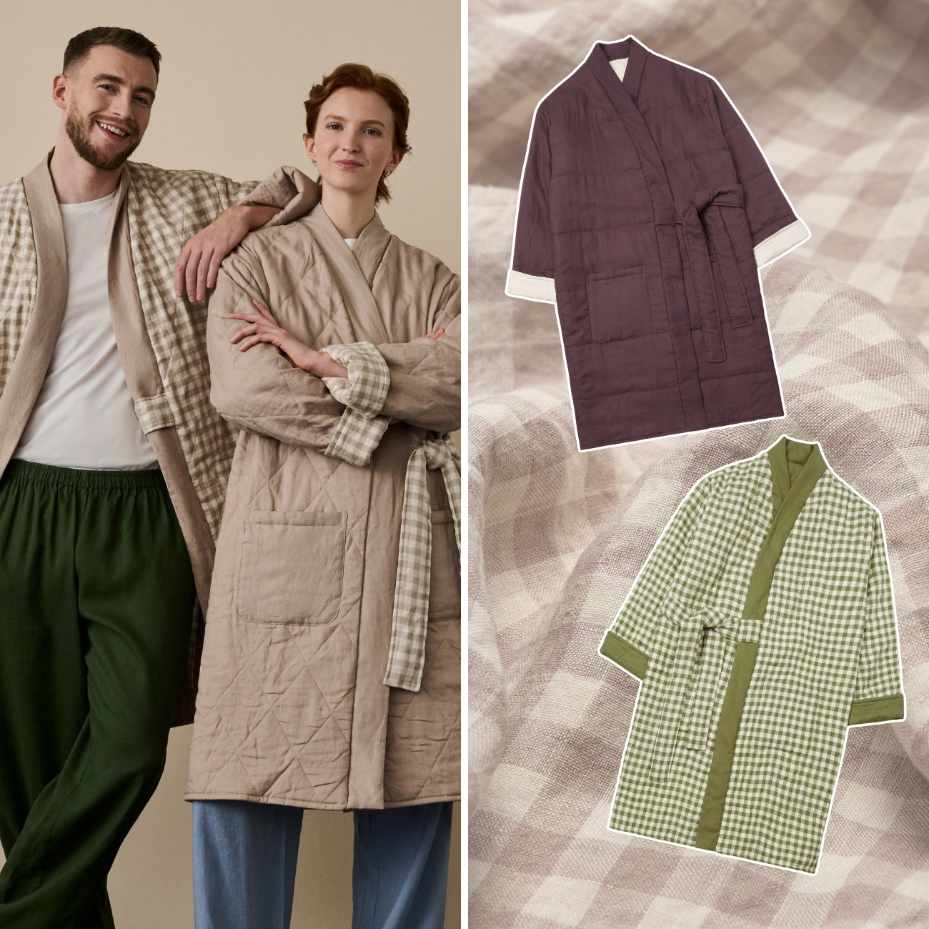 Plain and Gingham linen housecoats