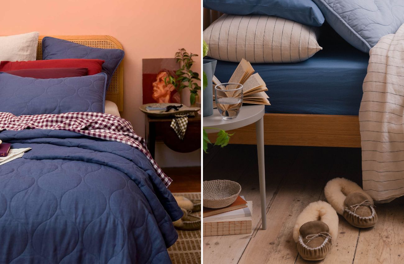 Left: Blueberry linen quilt and shams styled on a bed. Right: Slippers next to a bedside table and bed