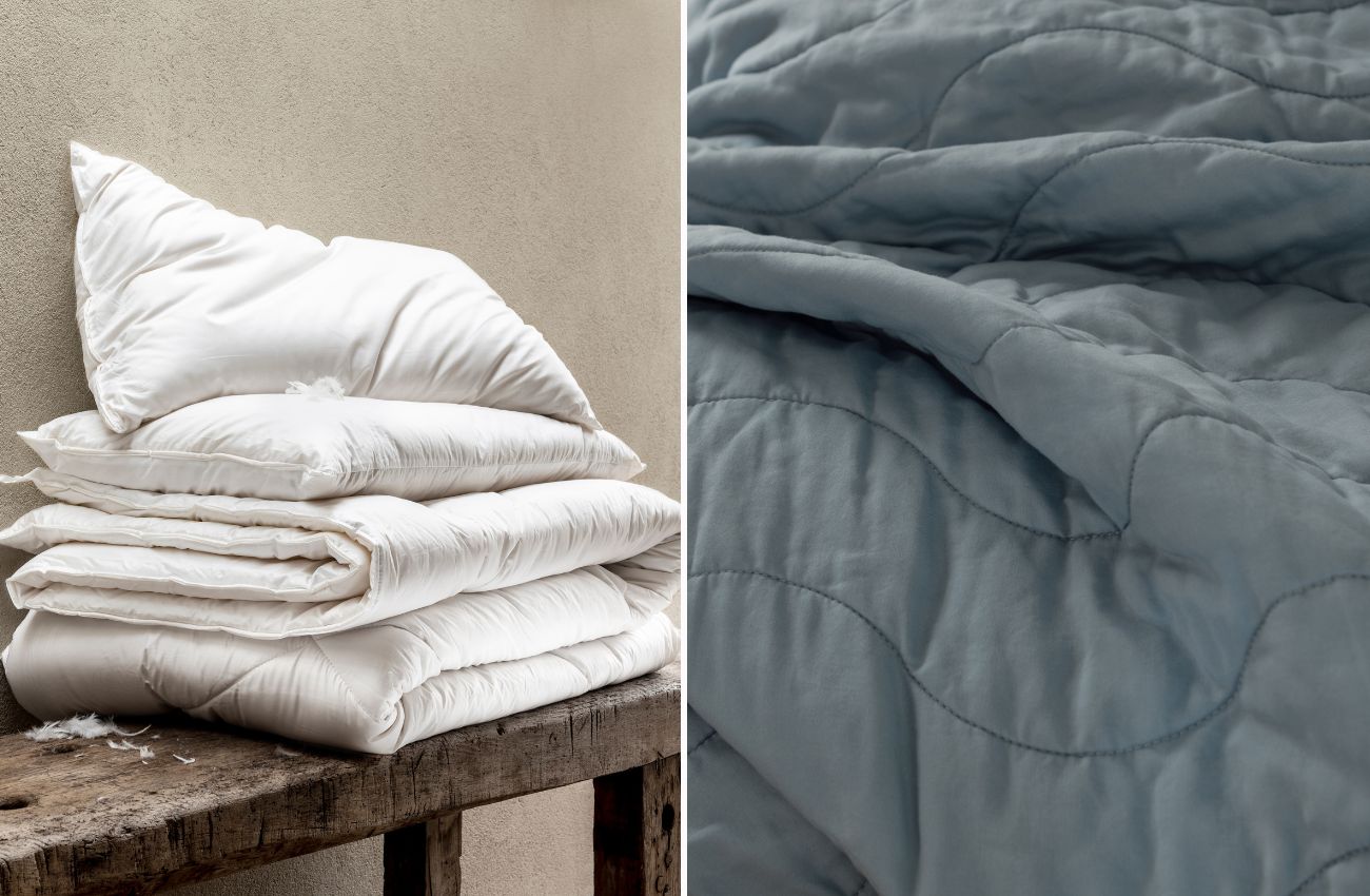 Left: Merino Wool duvet and pillows folded on a bench. Right: Warm blue cotton quilt