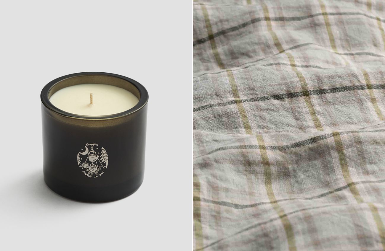 Left: Campfire Candle; Right: Laurel Green Check Linen Flat Sheet