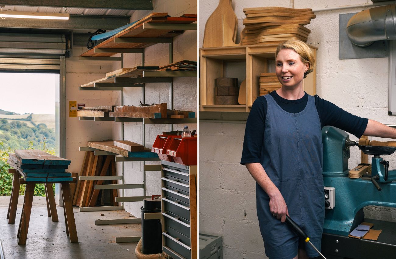 Left: Workshop with rural countryside view. Right: Nina Varnham in her workshop