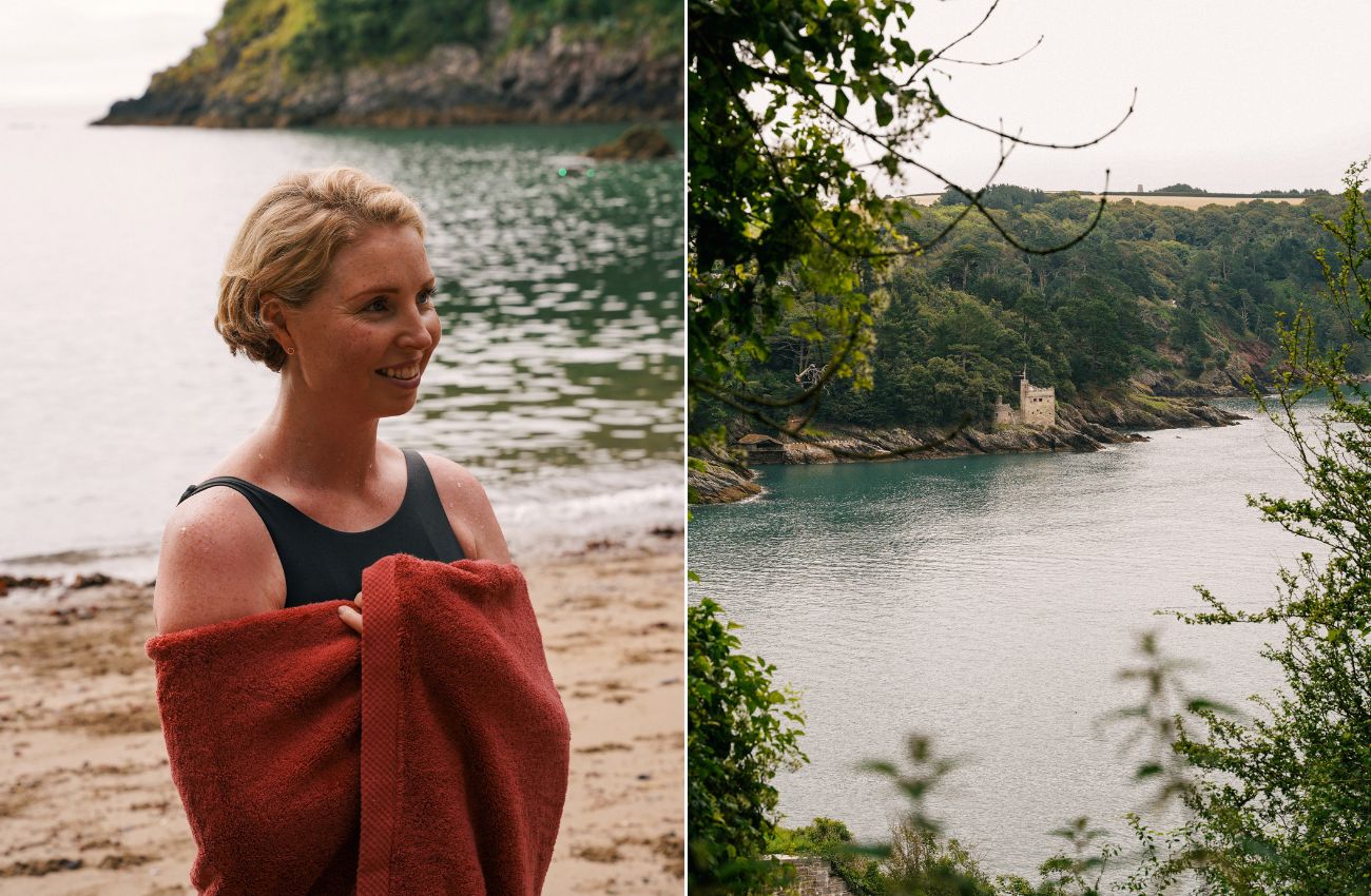 Left: Nina Varnham wrapped in a towel at the beach. Right: View of the Devon coastline