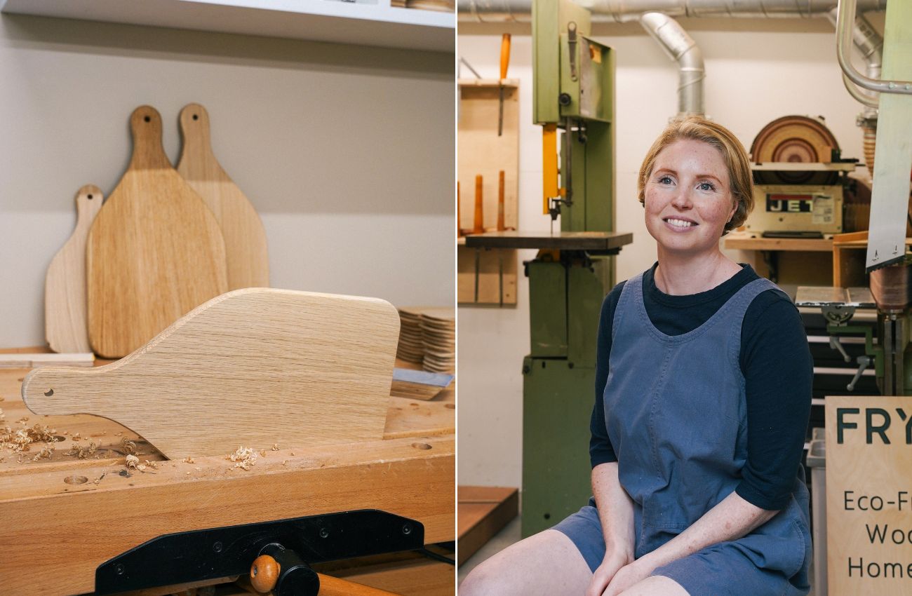 Left: Fryth x PiB chopping boards. Right: Nina Varnham in her workshop
