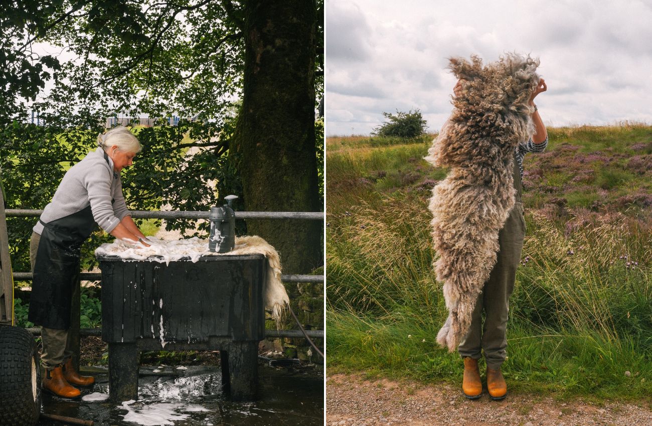 Left: Deborah washing the sheep fleece with water and soap. Right: Deborah holding up a long sheep fleece wool rug