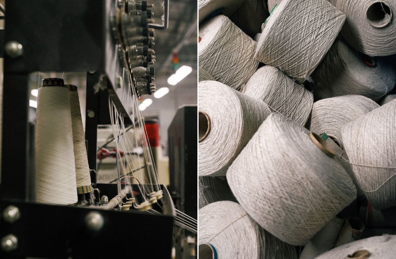 Left: Cotton reels on a machine in the mill. Right: Close-up of a pile of cotton reels