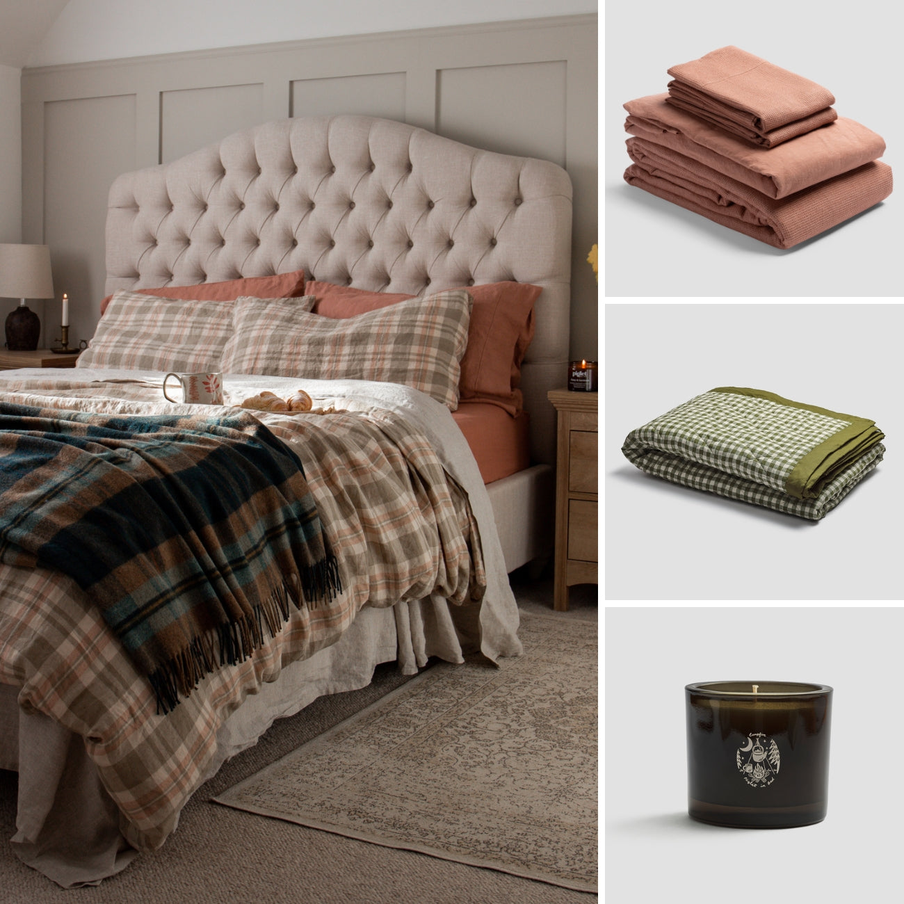 Taupe linen bedding, gingham quilt and candle