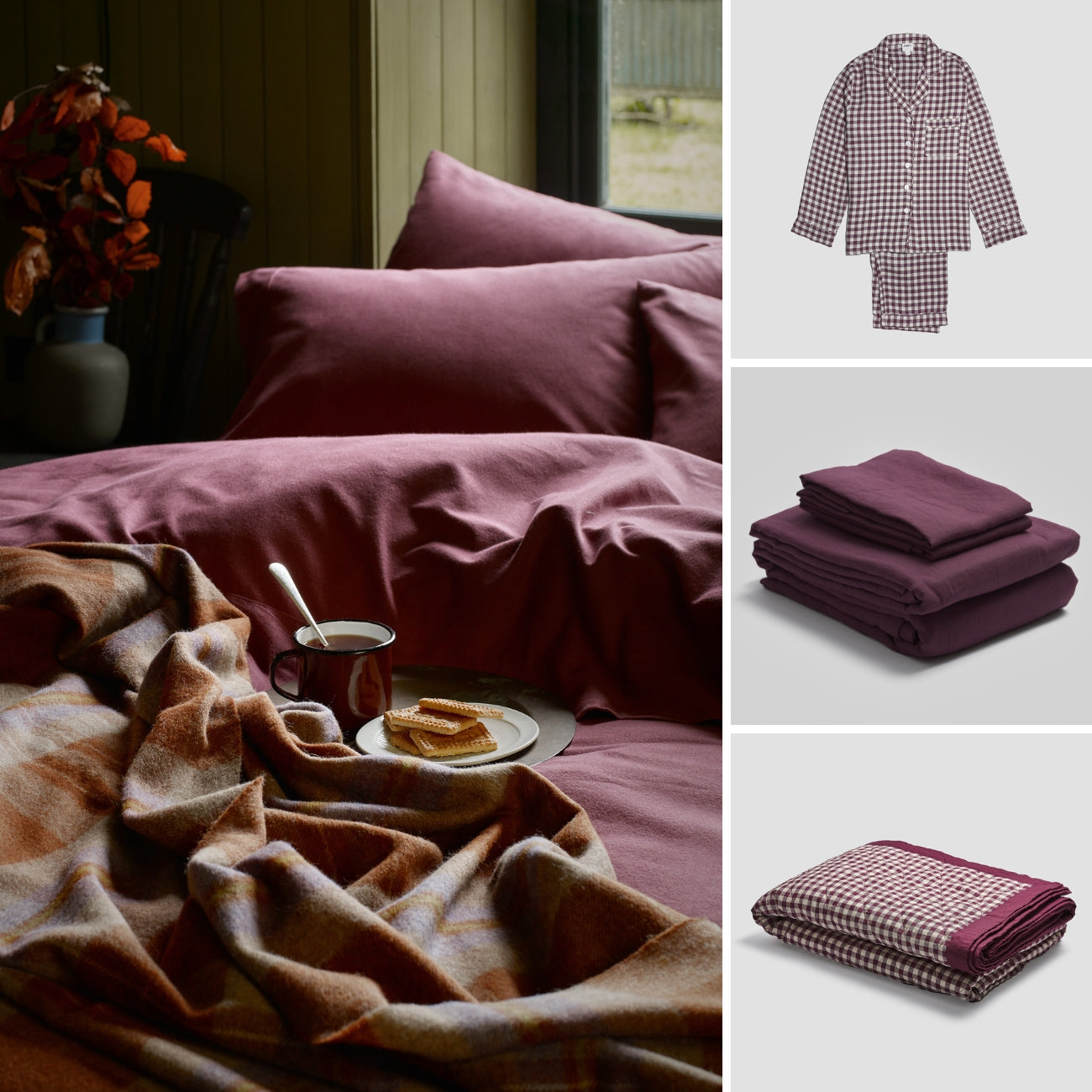 Thistle Brushed cotton bedding, berry gingham trouser set and quilt, berry linen bedding