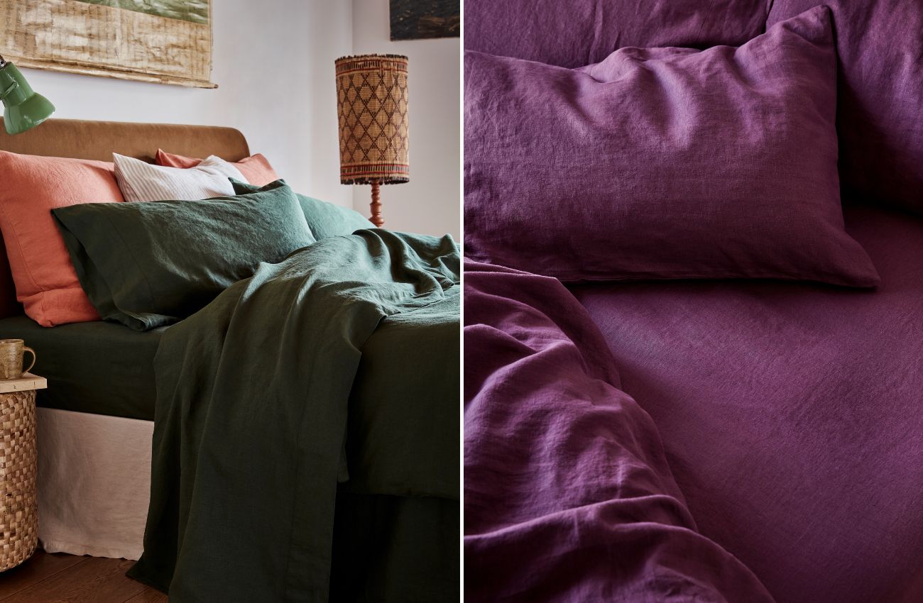 Left: Fern Green Linen bedding. Right: Berry Linen bedding