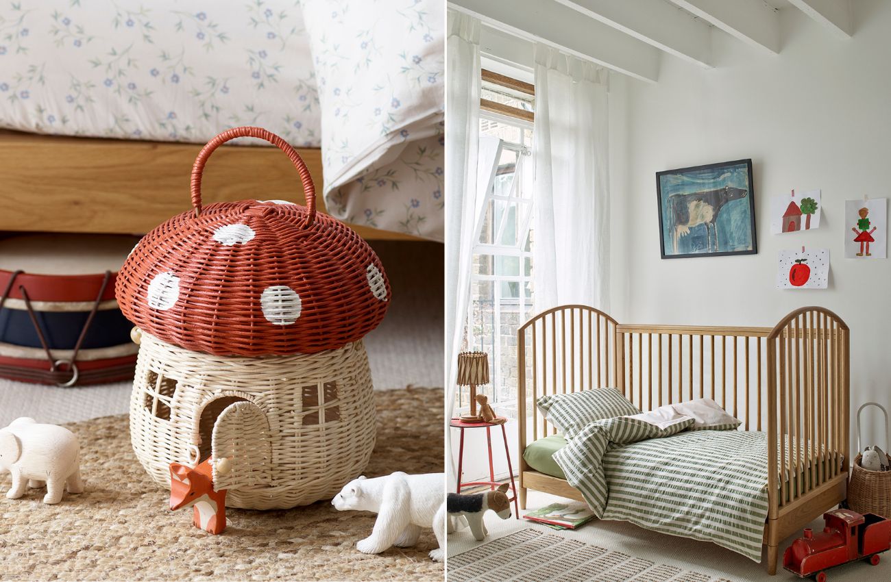 Left: Red Mushroom Basket; Right: Pear Seersucker Kids Stripe Cotton Bedding Set