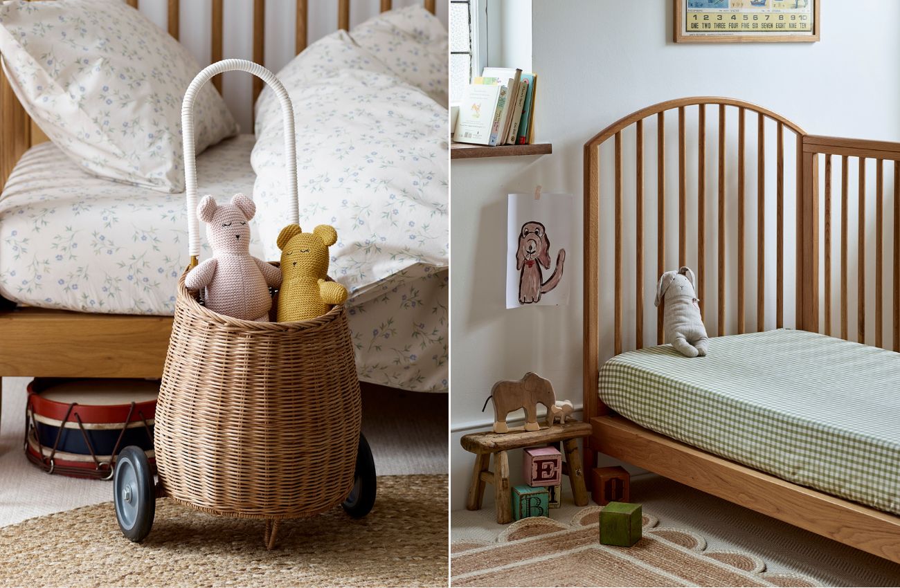 Left: Oatmeal Mini Trolley; Right: Pear Kids Gingham Cotton Fitted Sheet