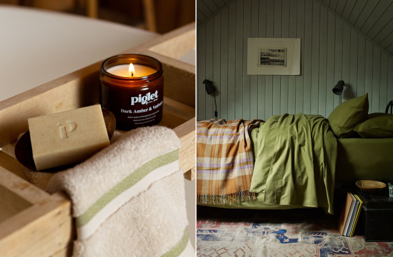 Left: Oatmeal, Lavendar and Clary Sage Soap and Birch Hand Towel; Right: Olive Green Brushed Cotton Bundle and Burnt Orange Check Cabin Wool Blanket