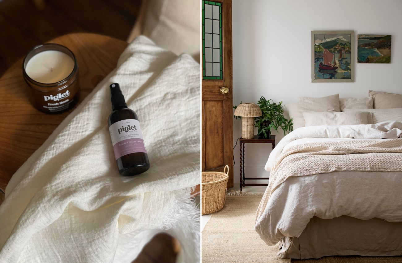 Left: Calming Room & Pillow Mist; Right: Oatmeal Linen Bundle