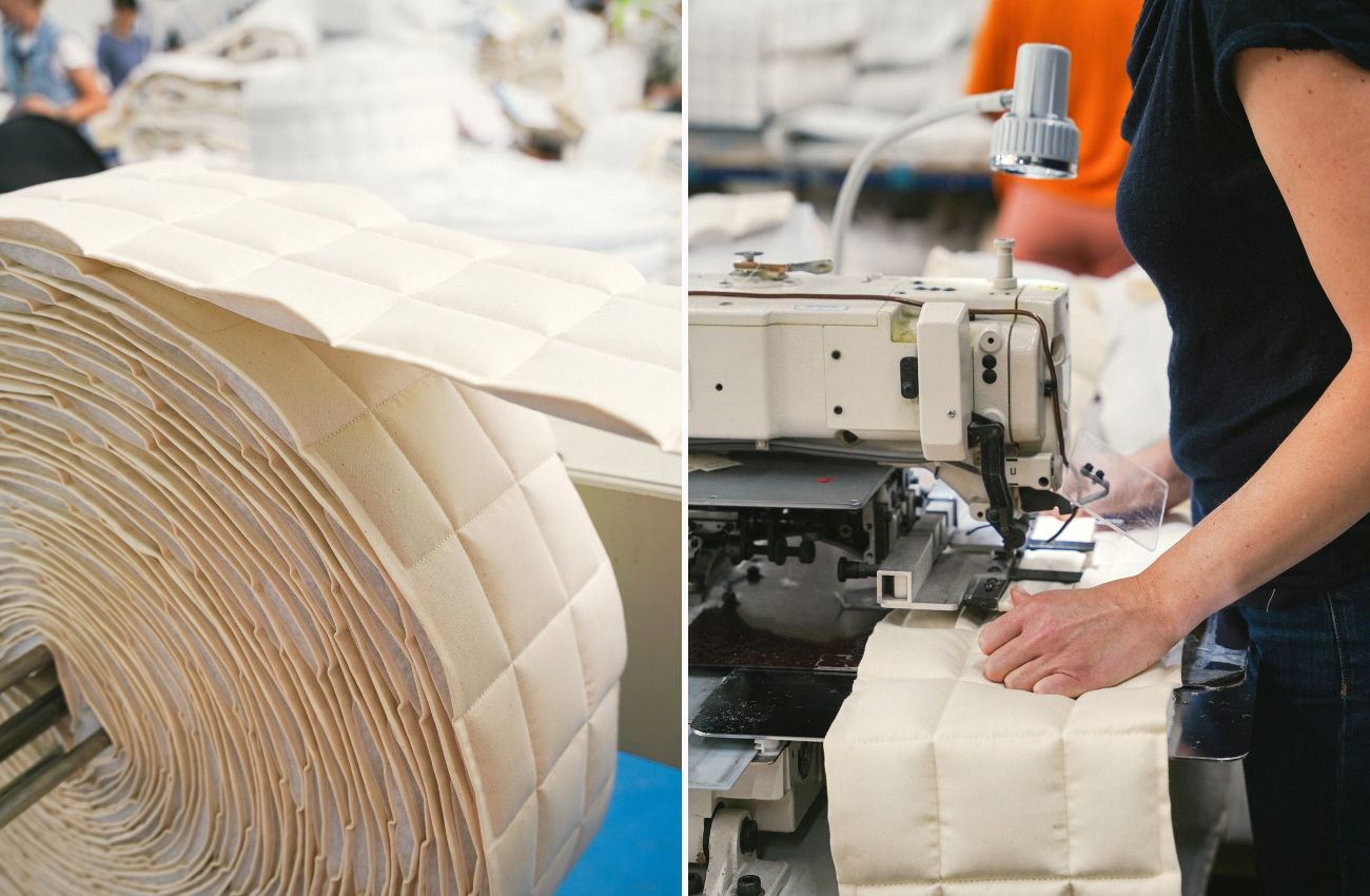 Left: a reel of quilted white fabric. Right: A white woman sewing quilted material on a sewing machine