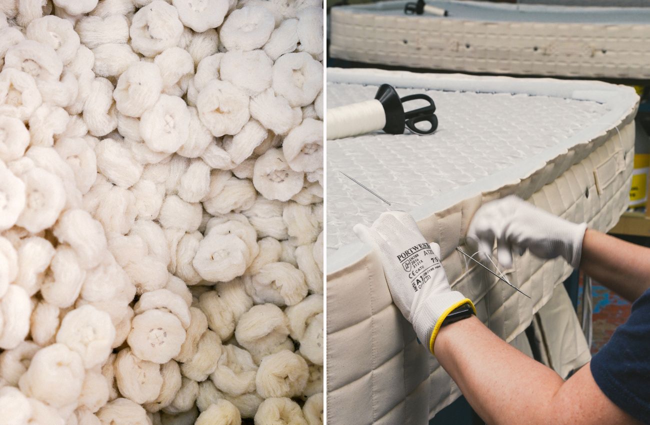 Left: Balls of pure British wool. Right: Gloved hands stitching a mattress with a large sewing needle