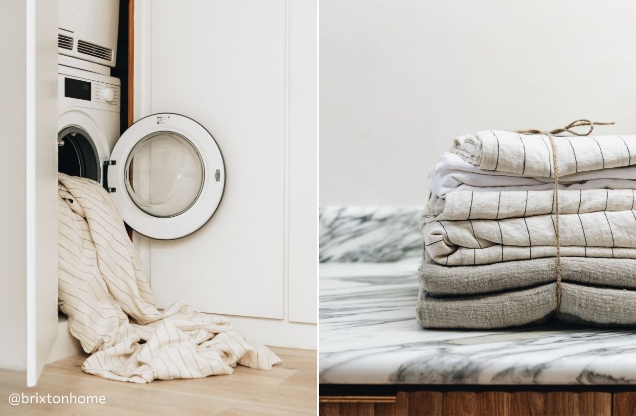 Left: Open washing machine with white Luna Stripe bedding tumbling out. Right: Stack of Piglet in Bed bedding in Luna Stripe and Oatmeal tied up with string