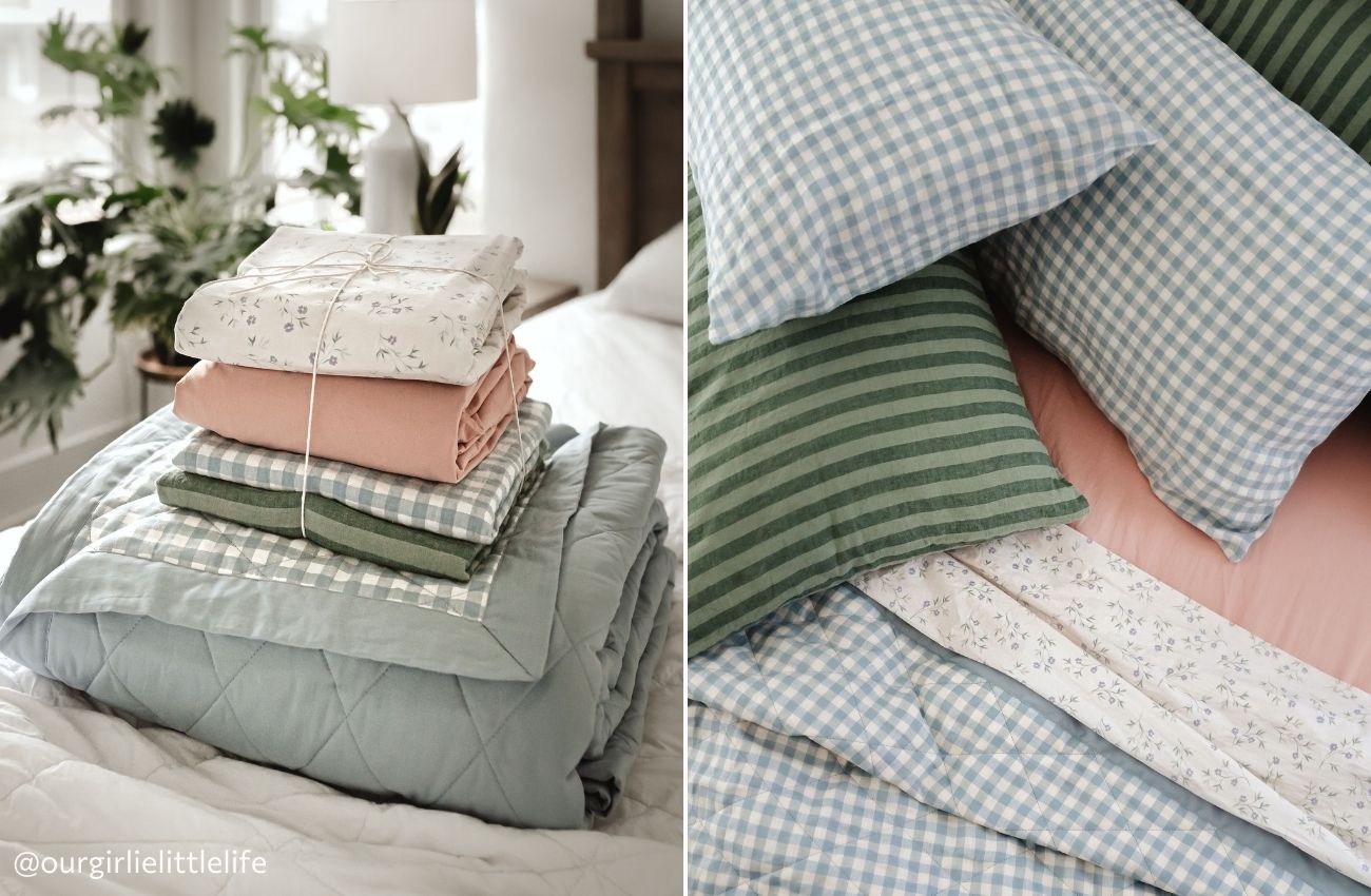 Left: Stack of Piglet in Bed bedding tied up with string. Right: Bed with mix and match bedding in Warm Blue Gingham and Pine Green Pembroke Stripe