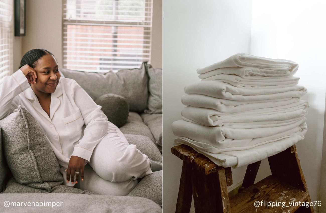 Left: Woman in White Linen Pyjamas lounging on a grey sofa. Right: Stack of white linen bedding on a wooden stool