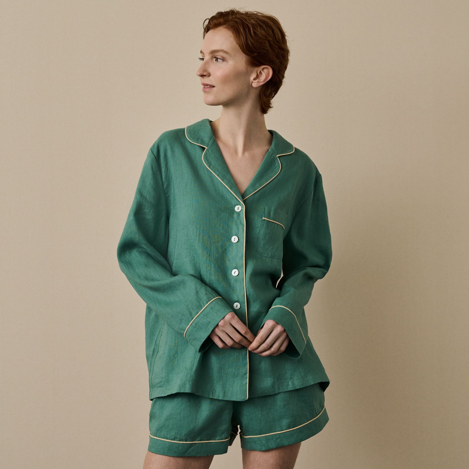 Linen Pajama Set: Long Sleeved Top & Shorts