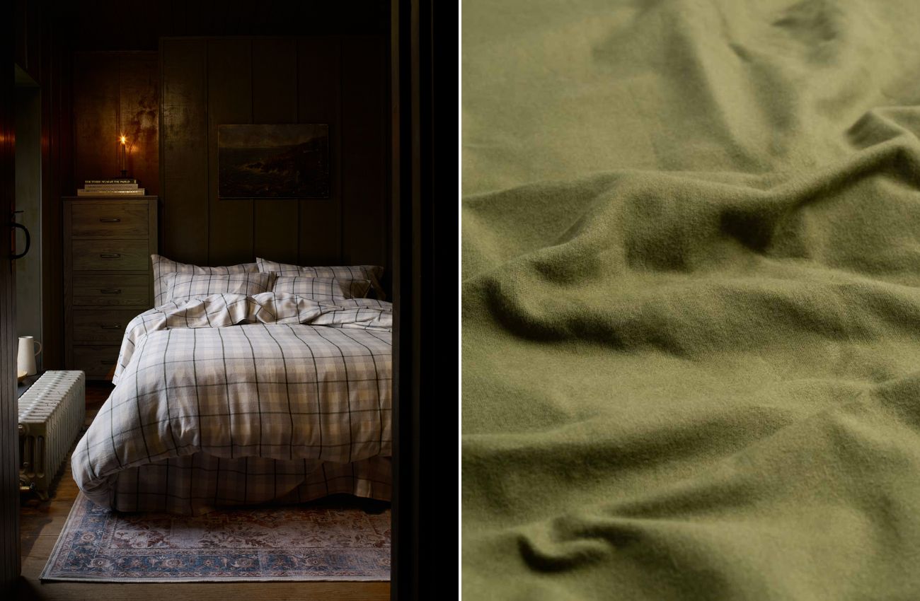 Left: Fern Green Check Brushed Cotton Bundle; Right: Olive Green Brushed Cotton Flat Sheet