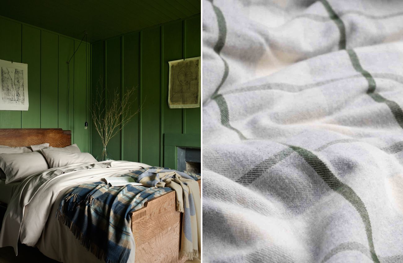 Left: Clay Brushed Cotton Bundle and Deep Teal Check Cabin Wool Blanket; Right: Fern Green Check Brushed Cotton Flat Sheet