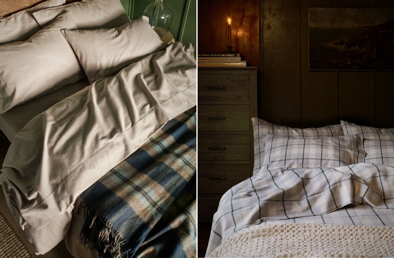 Left: Clay Brushed Cotton Bundle and Deep Teal Check Cabin Wool Blanket; Right: Fern Green Check Brushed Cotton Bundle